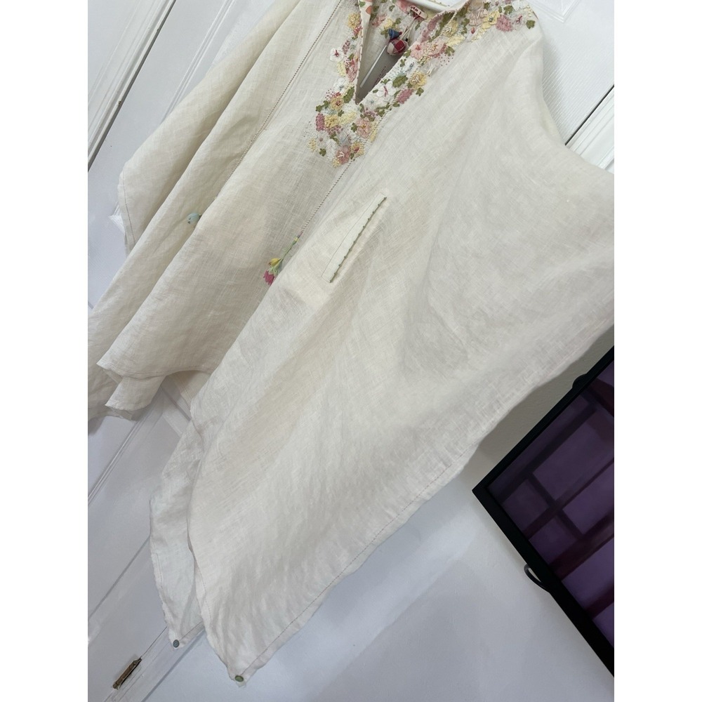 Péro Aneeth Arora 100% Linen Floral Embroidered Kaftan Poncho Tunic Sz 38 Luxury - Picture 10 of 16